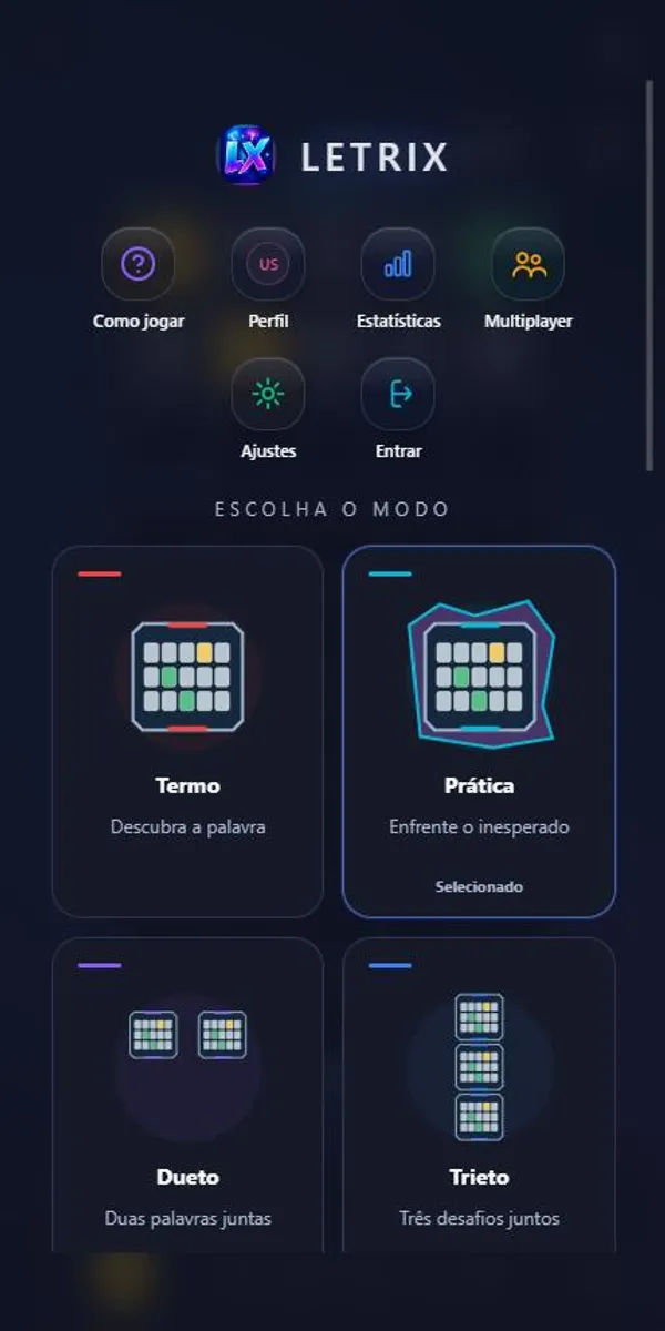 Menu do Letrix com os modos Termo, Prática, Dueto e Trieto e os atalhos de estatísticas, perfil e multiplayer