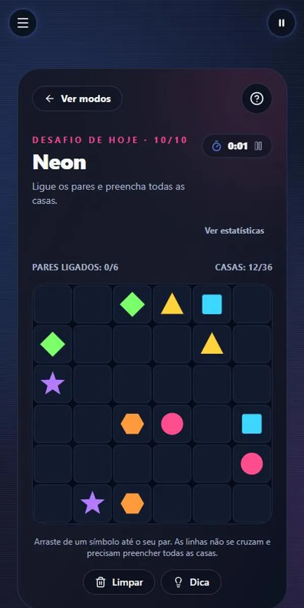 Desafio Neon do Letrix: tabuleiro 6 × 6 com pares de símbolos coloridos para ligar