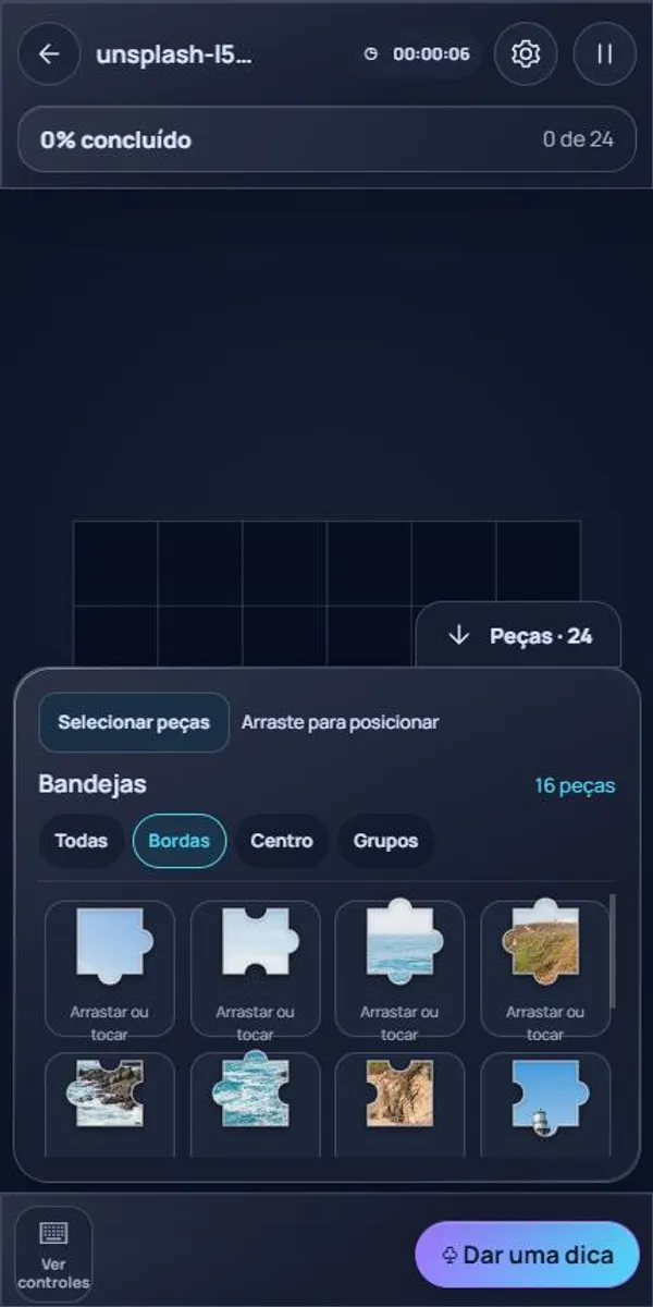 Partida do Pieceful com 24 peças e a bandeja filtrada para mostrar apenas as peças de borda