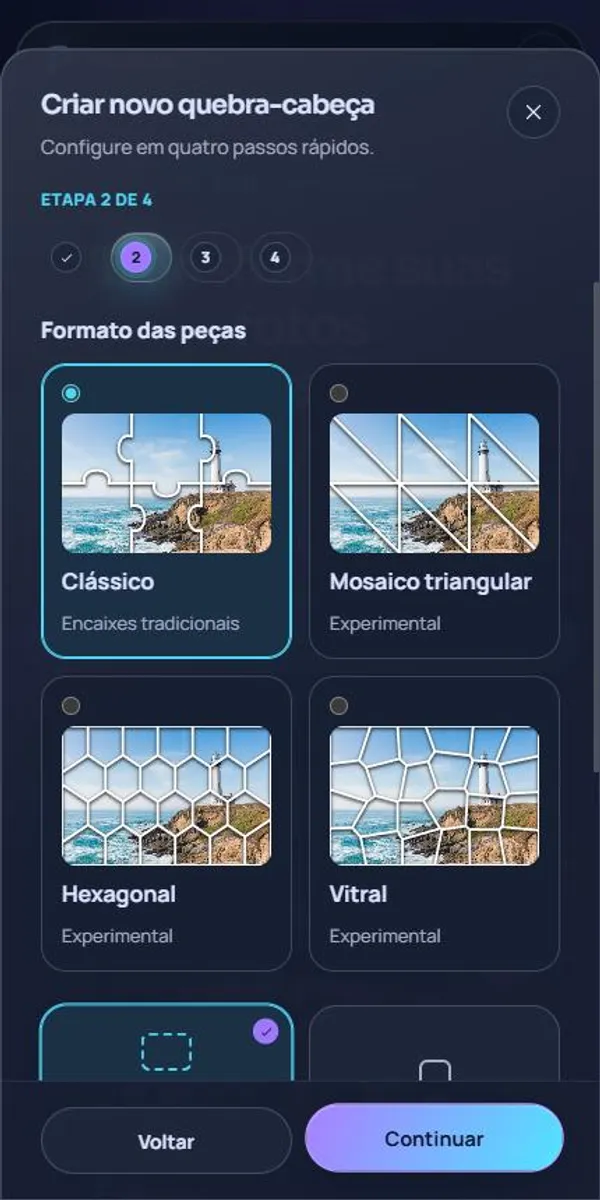 Etapa de criação do Pieceful com os formatos de peça Clássico, Mosaico triangular, Hexagonal e Vitral aplicados a uma foto de farol