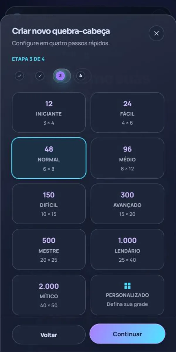 Escolha de nível do Pieceful, de 12 peças (Iniciante) a 2.000 peças (Mítico), com opção personalizada